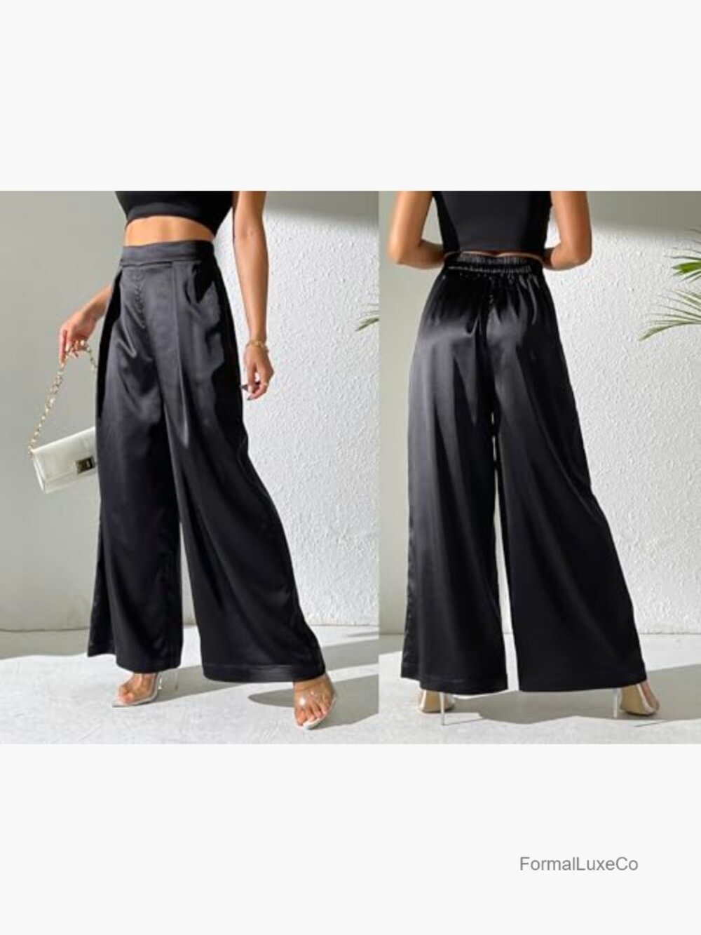Satin Wide Leg Palazzo Pants High Waist Pull On Trousers - Picture 4 of 7